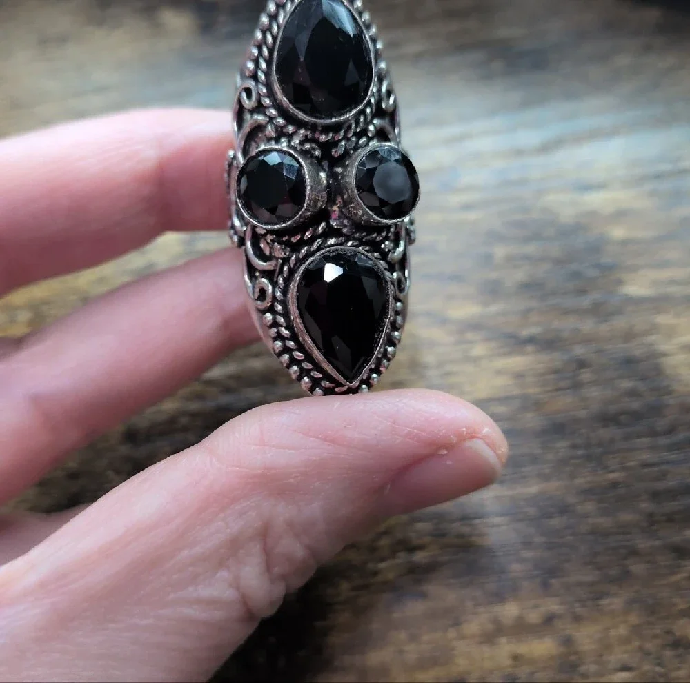 Black Onyx Gemstone Teardrop Statement Ring